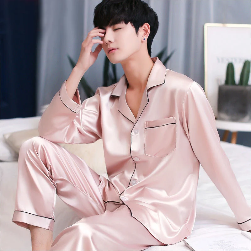 mens cotton pajama bottoms CAIYIER Spring Summer Silk Men Pajamas Set Solid Color Long Sleeve Sleepwear Modern Style Soft Men Nightwear Loose Homewea L-3XL best mens pajamas Men's Sleep & Lounge