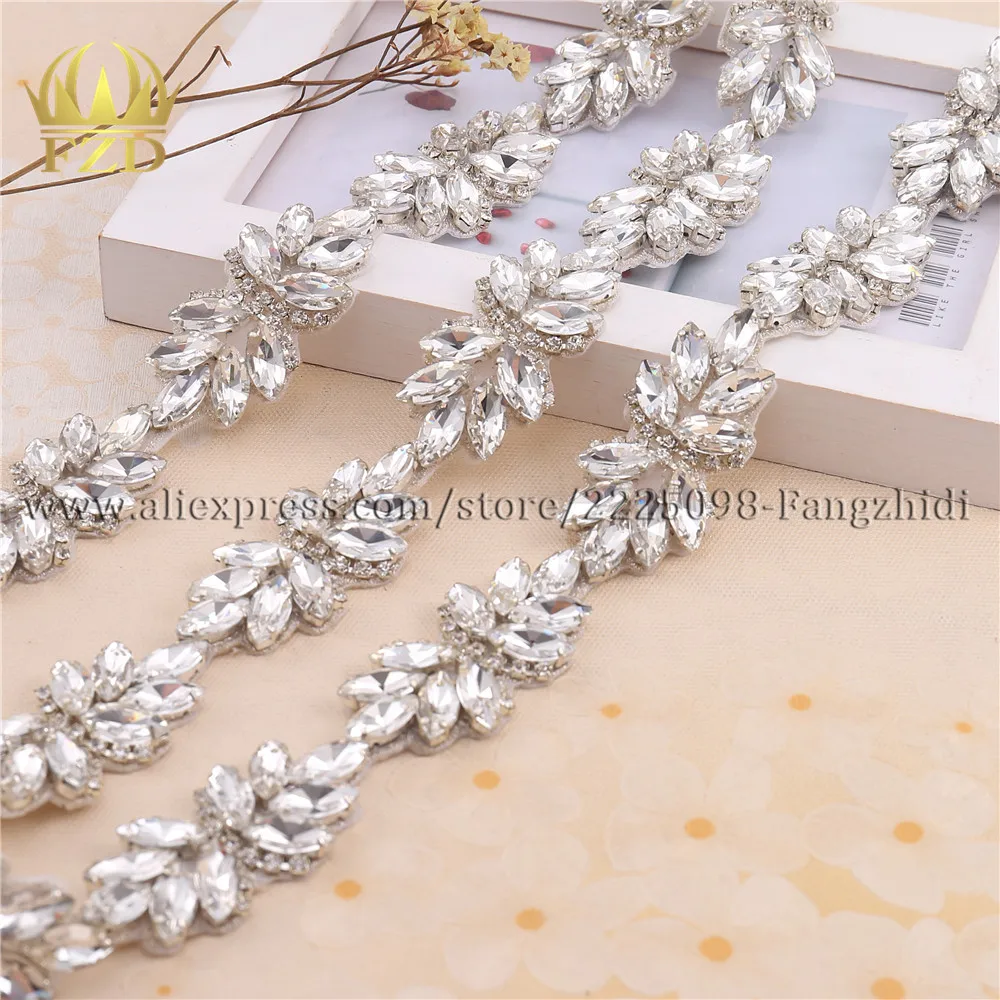 (1yard) Hot Fix Sew On Silver Beaded Crystal Trims Rhinestones Fashion