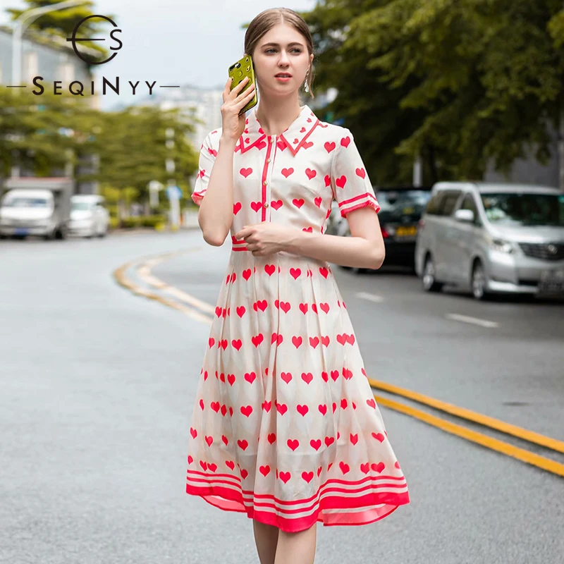 

SEQINYY Casual Dress 2020 Summer Spring New Fashion Design Women Short Sleeve Red Heart Print A-line Knee Dress