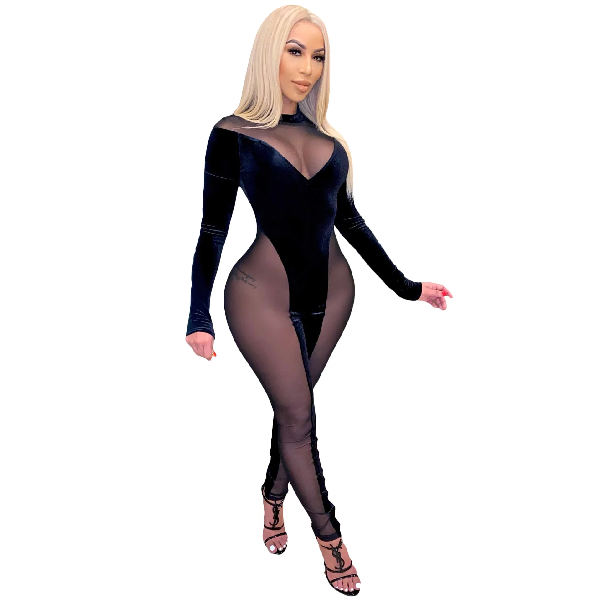 

Sexy Women Jumpsuit Sheer Mesh Color Patchwork See Through Skinny Party Night Clubwear Long Romper Women Jumpsuit Overalls