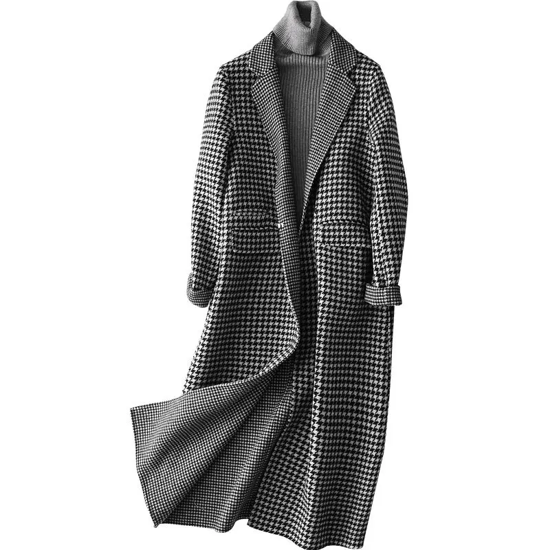 

Houndstooth Wool Coat Female 2020 Autumn Winter Jacket Women Long England Style Plaid Double-side Woolen Coats Outerwear YQ381