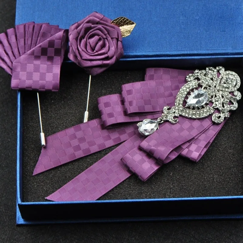 Purple set Новинка, модный Свадебный галстук-бабочка для жениха, стразы, британский галстук-бабочка, ручная работа, подарок для мужчин, аксессуары, дизайнерский Карманный квадратный - Цвет: Purple set