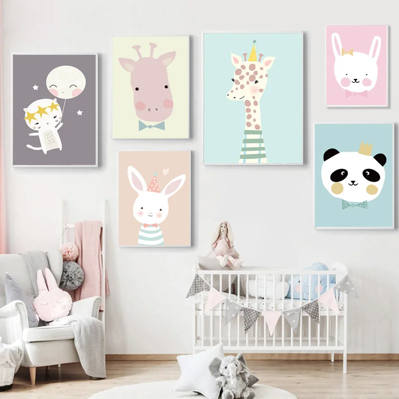 Cartoon Giraffe Rabbit Nursery Wall Art Canvas Painting Minimalist Poster Print Nordic Kids Picture Baby Girl Room Decor | Дом и сад