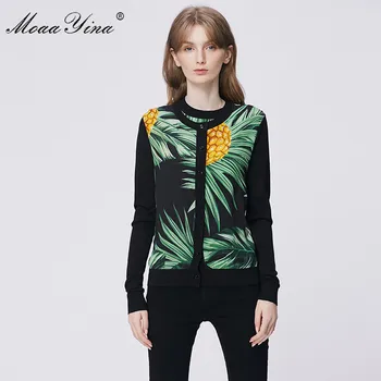 

MoaaYina Spring Fashion Long sleeve Black Knitting Tops Women's Elegant Green leaf Pineapple Print Cardigans Silk Wool Sweater