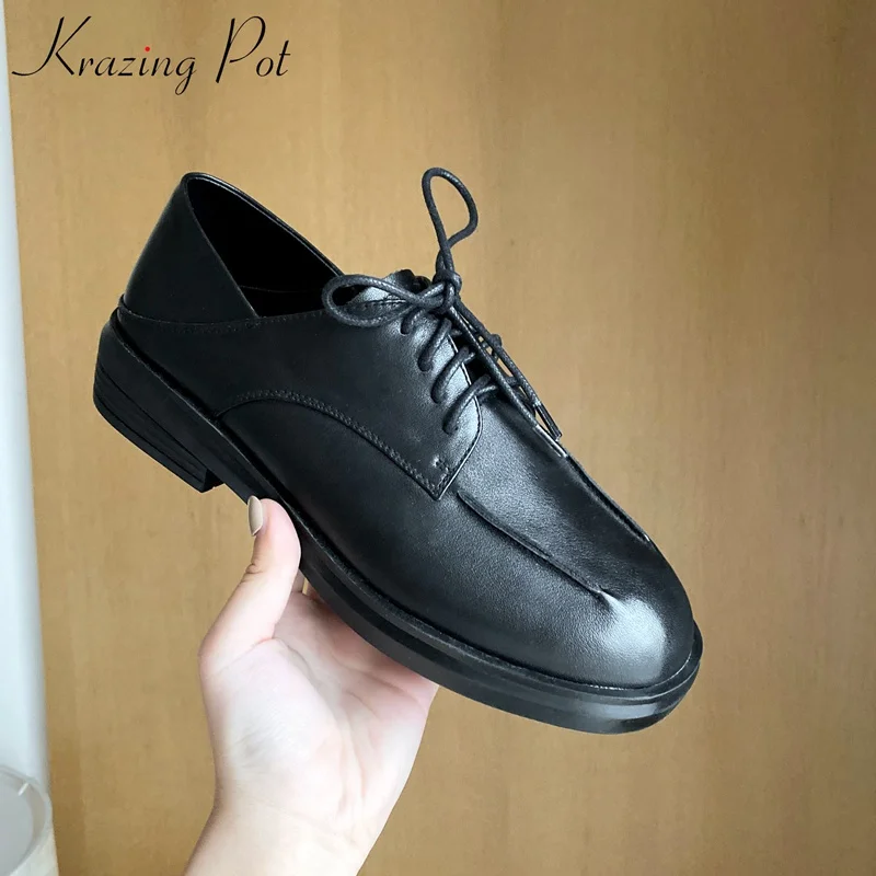 

Krazing Pot comfortable genuine leather round toe med heels women pumps lace up elegant classics dress brand Spring shoes l0f1