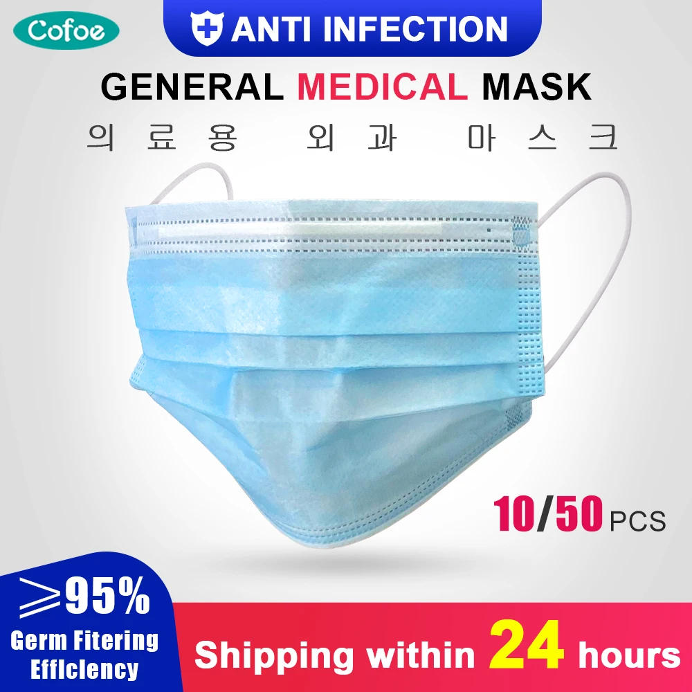 

Cofoe 50/100pcs Medical mask Disposable Influenza Bacterial 3 Layer Surgical Mask Medical Face Masks Dust-Proof