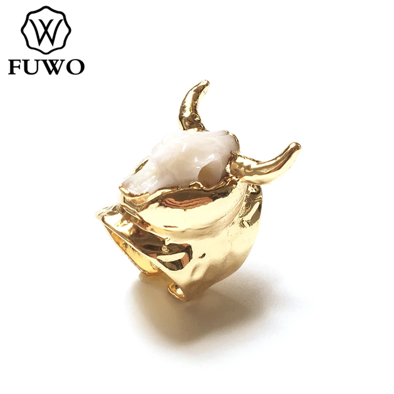 

FUWO Trendy Women Resin Copper Animal Bull Rings Elegant Carved Gold Color Fashion Jewelry Fit Female Wedding Party RG025