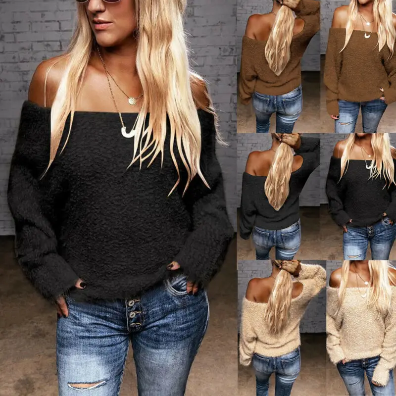 Women Long Sleeve Off-Shoulder Knitted Pullovers Sweater Cold Shoulder Plain Color Sweater