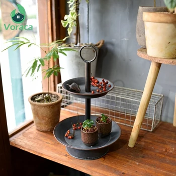 

Double Tier Wrought Iron Storage Tray Retro Cake Stands Church Wedding Decoration Cafe Shop Food Display Plates Home Snack Trays