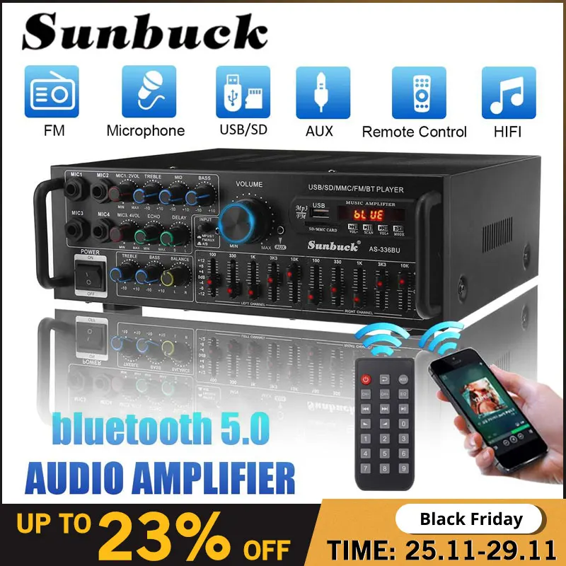 NEW 2000W Bluetooth Stereo Amplifier Surround Sound USB SD AMP FM DVD AUX LCD Display Home Cinema Karaoke Remote Control 336BU |