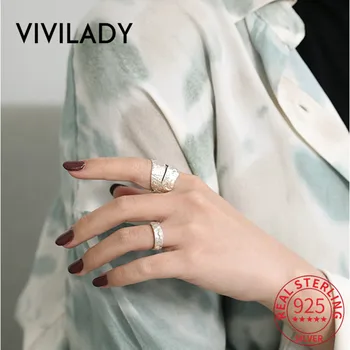 

VIVILADY 100% 925 Sterling Silver Round Irregular Wrinkle Open Women Charm Ring Chic Gold Silver For Couple Jewelry Bijoux