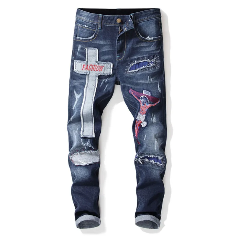 Синий KIMSERE модные Для Мужчин's Рваные джинсы брюки с вышивкой Марка NEW Fashion Hi Street рваные джинсовые брюки с дырками джинсы с вышивкой - Цвет: Синий