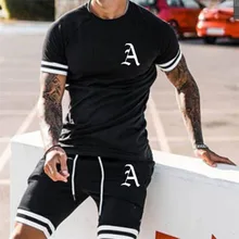 

Summer Men's Sports Set Round Neck Plus Size Sweatshirt Street Men's T-Shirt Set 3d Printing Solid Color Letter A Casual Shorts