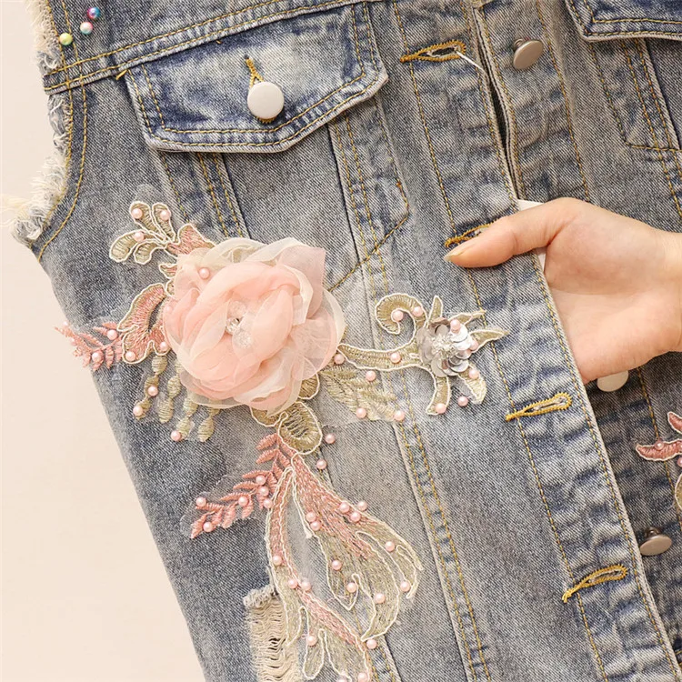 miçangas buracos coreano casual denim colete sem