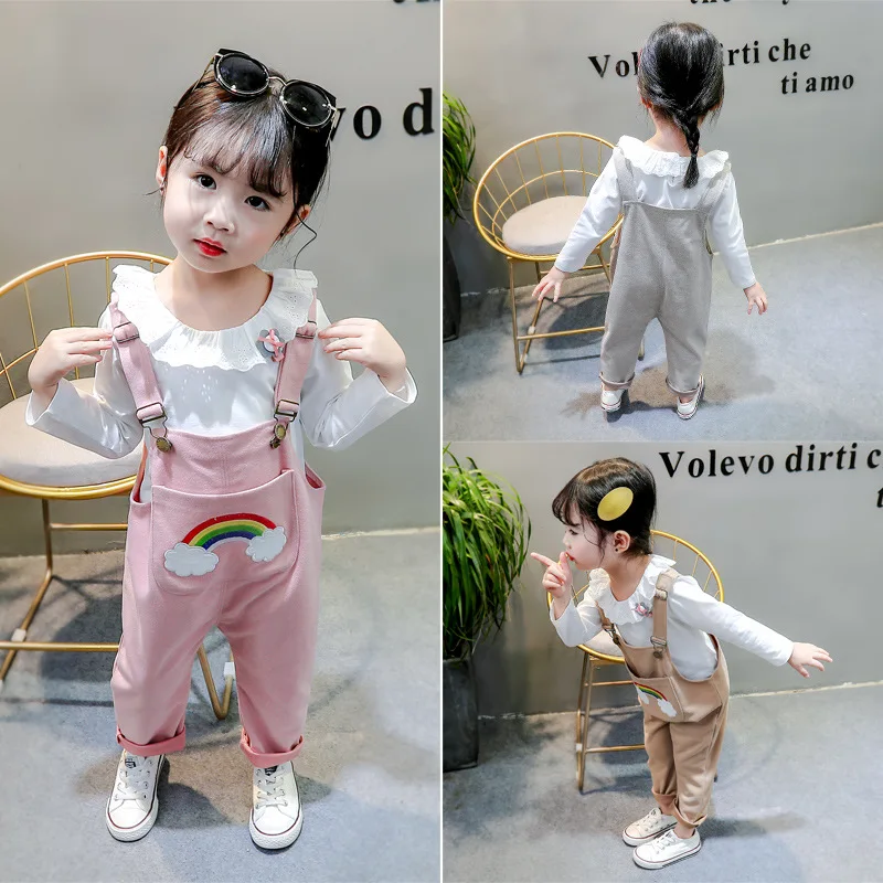 

2020 New Style Western Style CHILDREN'S Suit Girls Spring Clothing Children Rainbow Long Sleeve Fashion Suspender Pants Two-Piec