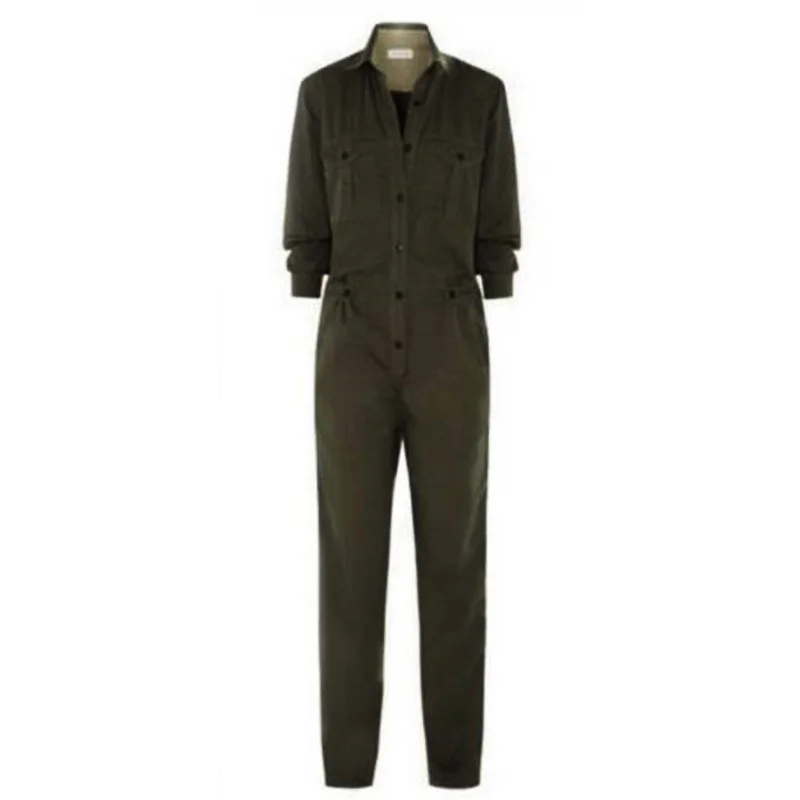 

Women Jumpsuit Long Sleeve Lapel Button Mid Waist Pocket Solid Color Loose sexy rompers autumn fall lady OL office work overalls
