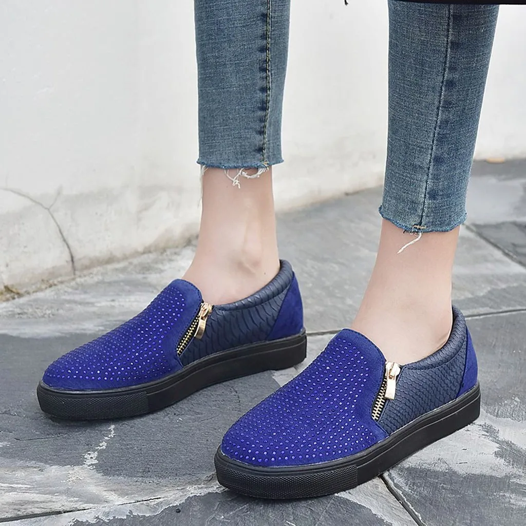 

casual women sneakers Platform-Bottom Rhinestone Side Zip Soft Bottom Comfortable ladies shoes Single Shoes Zapatos De Mujer