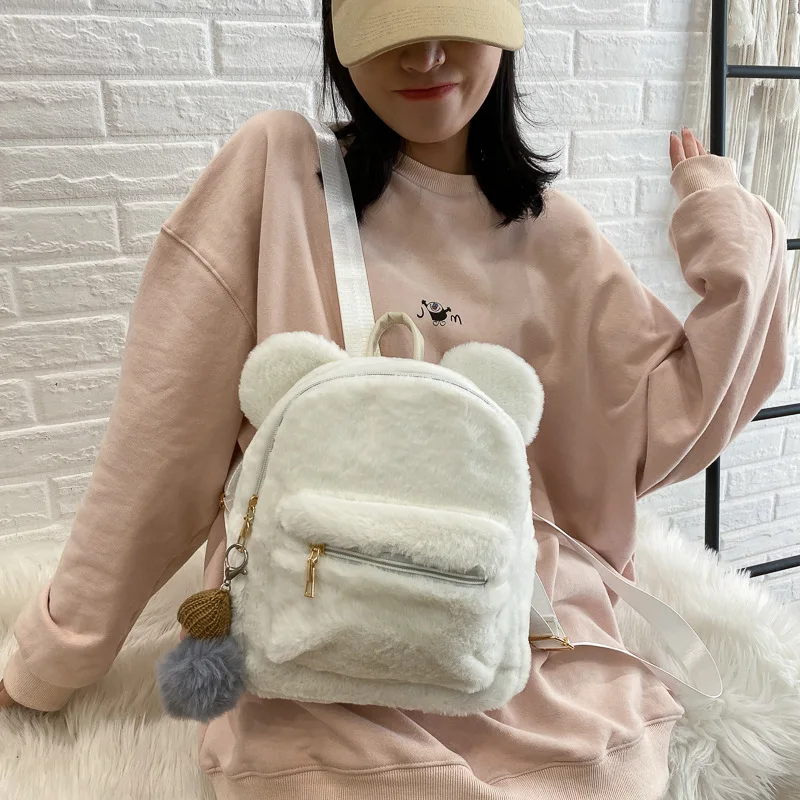 Custom Bear Faux Fur Mini Backpack Rabbit Ear Women Travel Shoulder Bags Fashion Plush Backpack Rucksack School Bag for Girls 