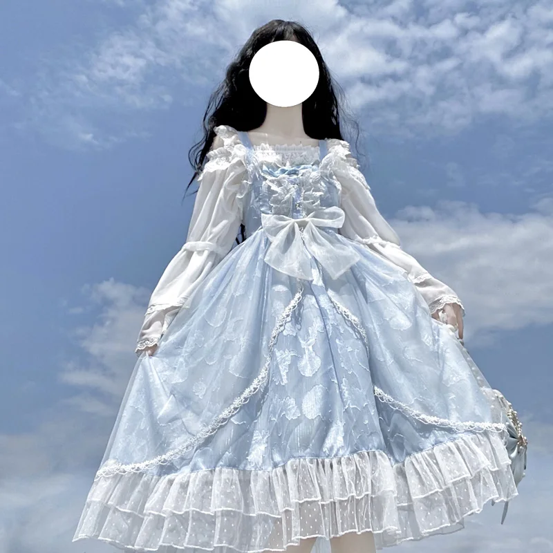 Victorian Retro Lolita Jsk Dress Elegant Women Sweet Lace Shell Print Kawaii Princess Sleeveless Dresses Girls Cute Party Vestid
