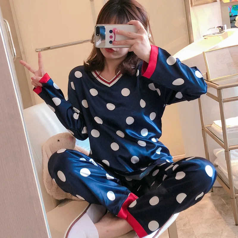 

Pajamas Women's Spring And Autumn Viscose Long Sleeve Cute V-neck Dotted Set Korean-style Students Silk Thin Home Wear