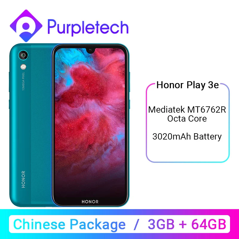 HONOR Play 3e 3 e MT6762R Helio P22 3 Гб 64 Гб мобильный телефон Восьмиядерный 5,71 дюймов 13 МП камера заднего вида Android 9,0 3020 мАч