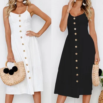 

Laamei Fashion Sexy Women Sleeveless Backelss Summer Dress Black White Casual Dress Spaghetti Strap Dresses Button Midi Sundress