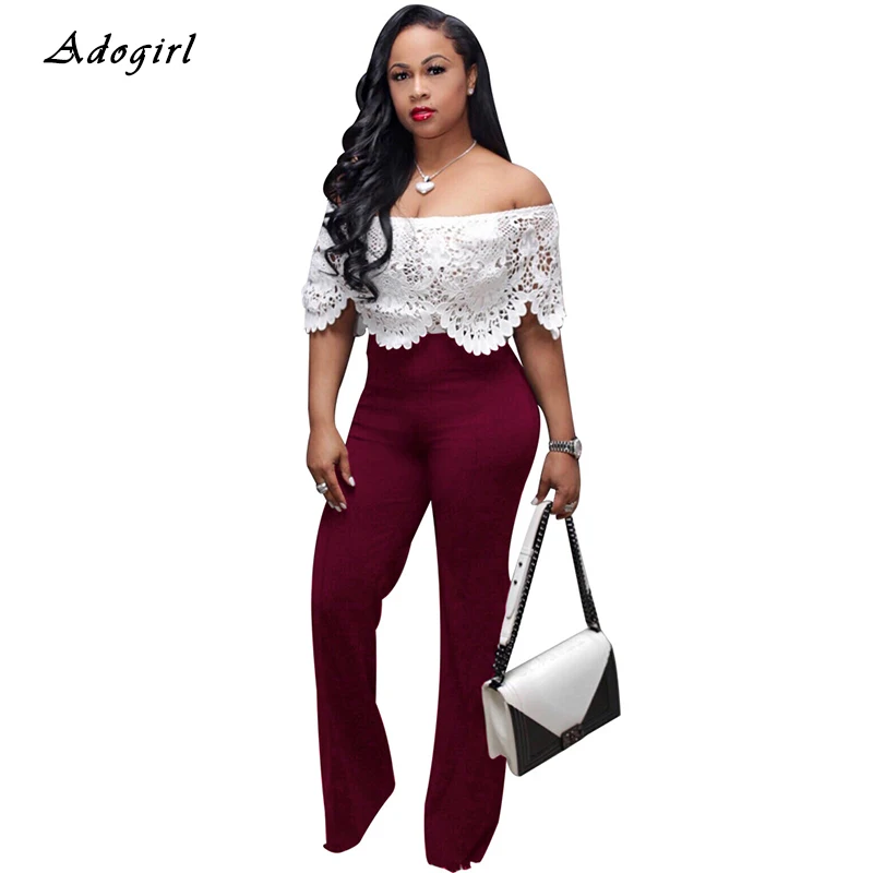 

Elegant Appliques Lace Jumpsuit Women Sexy Off Shoulder Patchwork Wide Leg Pants Rompers Vintage Business Overalls For Women