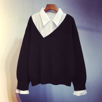 

[EWQ] 2020 Spring Autumn New Patchwork Lapel Collar Full Sleeve Office Lady Women's Fake Two Pullover Knitted Sweater TX349