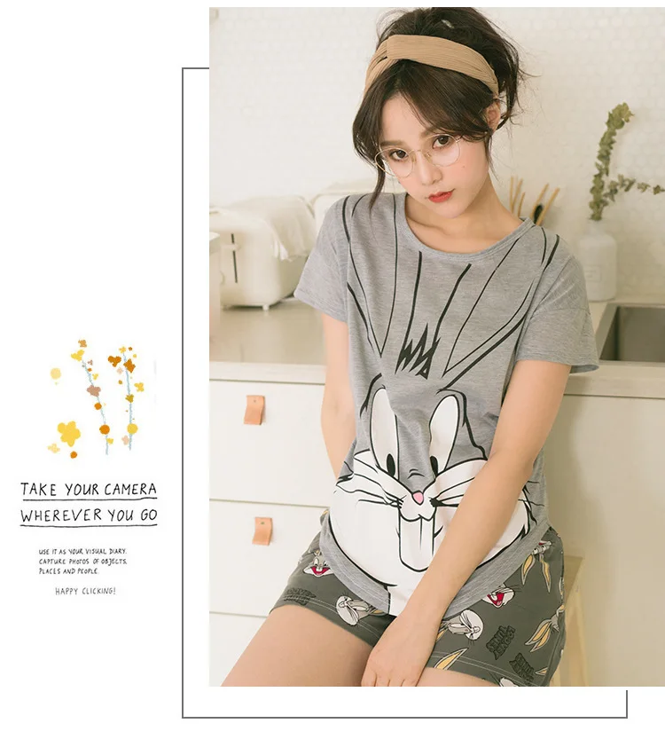 Summer women's thin section cute cartoon sleepwear shorts+ short-sleeved shirt pajamas set comfortable casual nightwear two-pie