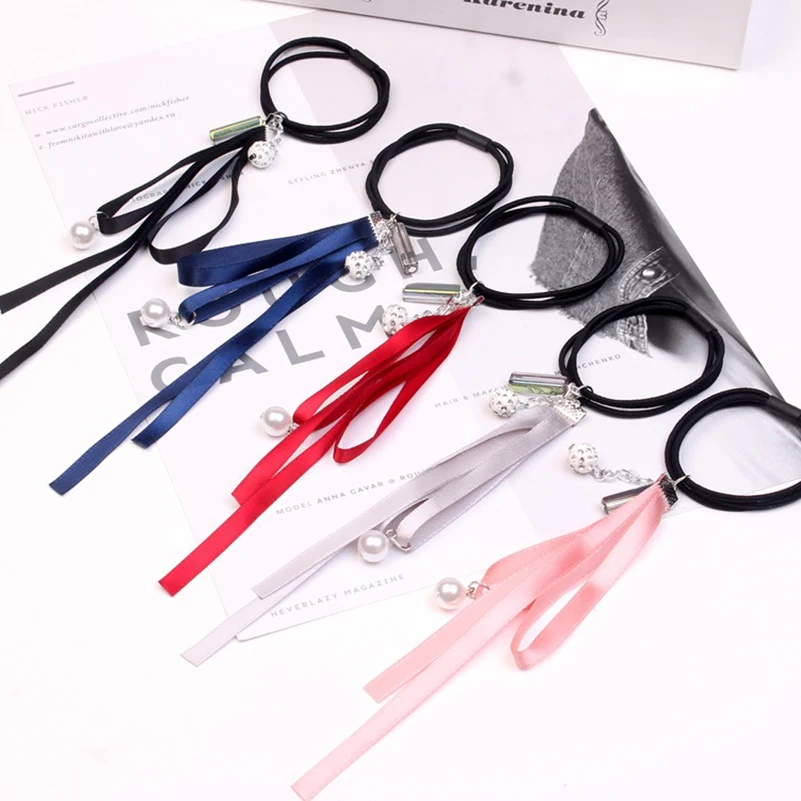 

5Pcs/lot High Elastic Hair Rubber Band For Girl Pretty Pearl Hairband For Women Colorful Ribbon Crystal Hair band For Children