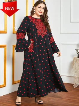 

Elegant Polka Dot Long Sleeve Loose Muslim Arabic Dubai Clothes Indie Folk Embroidery Maxi Dress for Women Fall 2020