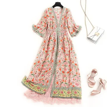

2020 Summer Women High End Mulberry Silk Half Flare Sleeve Elastic Waist Floral Printed Chiffon Stitching Lace Hem Long Dress