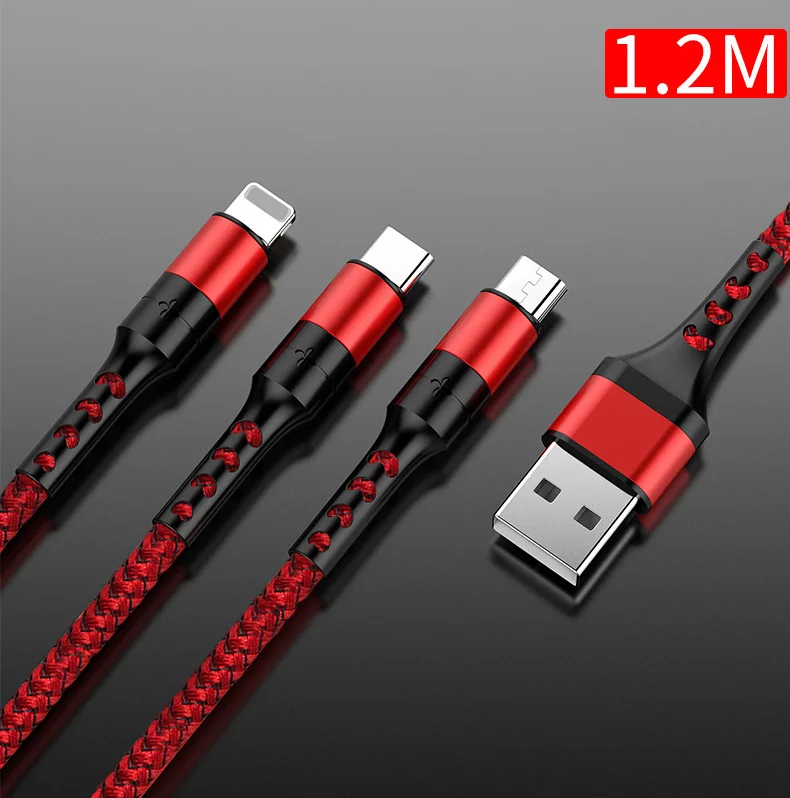 3 в 1 USB кабель для передачи данных для iPhone XS X 8 7 3A быстрой зарядки Зарядное устройство Тип-C/Micro USB кабель для Android Тип usb C кабели для мобильных телефонов - Цвет: Красный