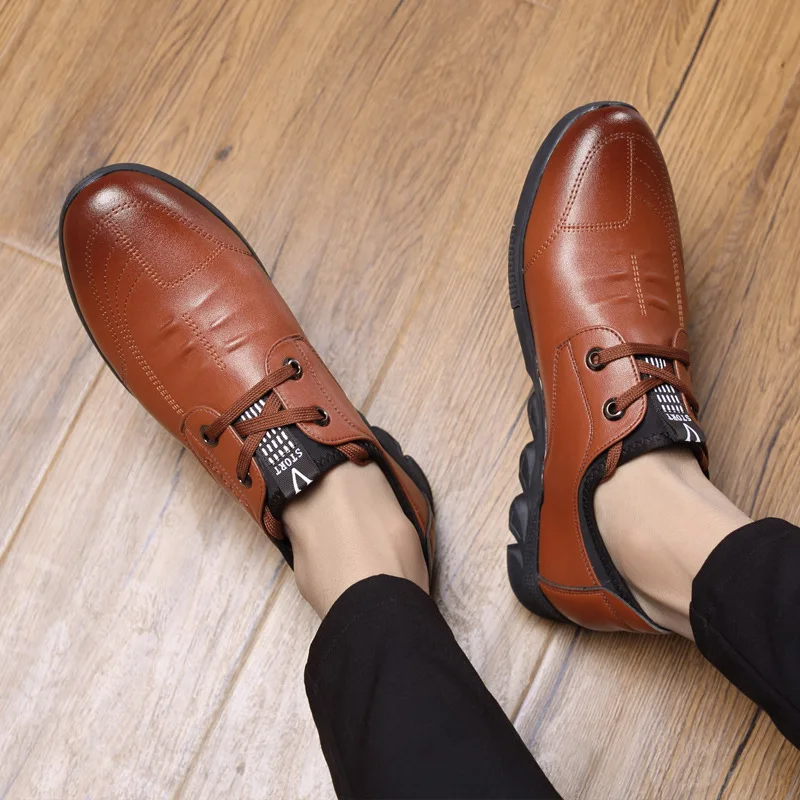 Merkmak New Autumn Men Leather Casual Shoes Classic Lace-up Business Flats Fashion British Style Increasing Shoes Big Size