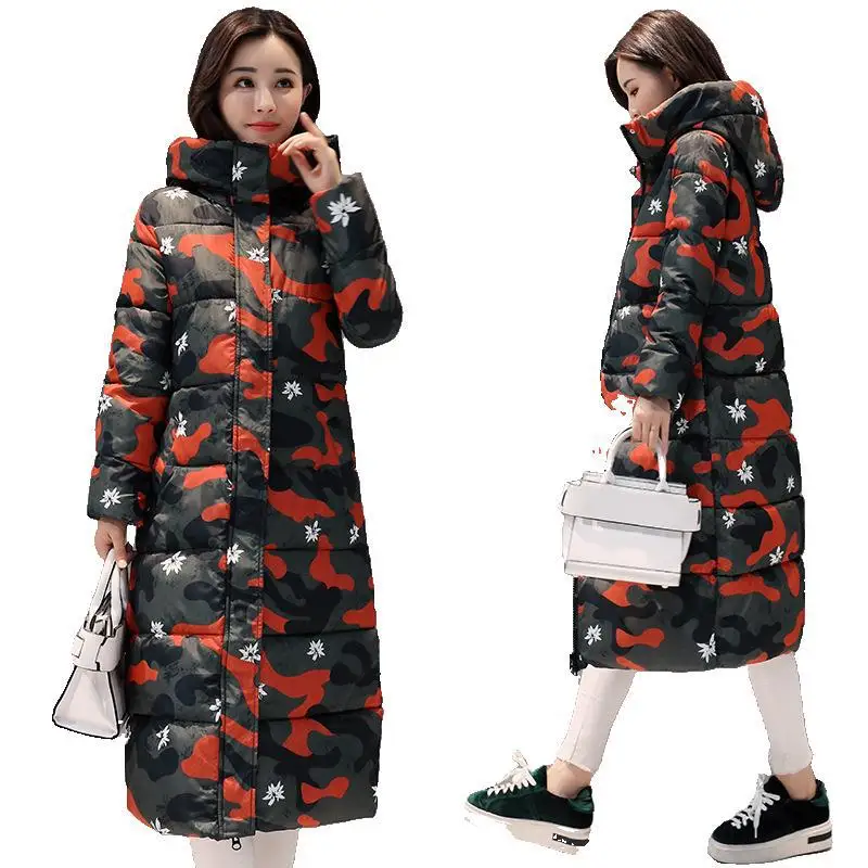 New Style Camouflage Hooded Cotton-padded Clothes Women's Winter Mid-length over-the-Knee Cotton Coat Hooded Thick Slim Fit