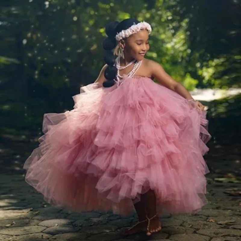 

Pink Tutu Dress Little Girl For Wedding Off Shoulder Fluffy Tiered Tulle Skirts Girl Elastic Band Flower Girl Dresses Ruffle