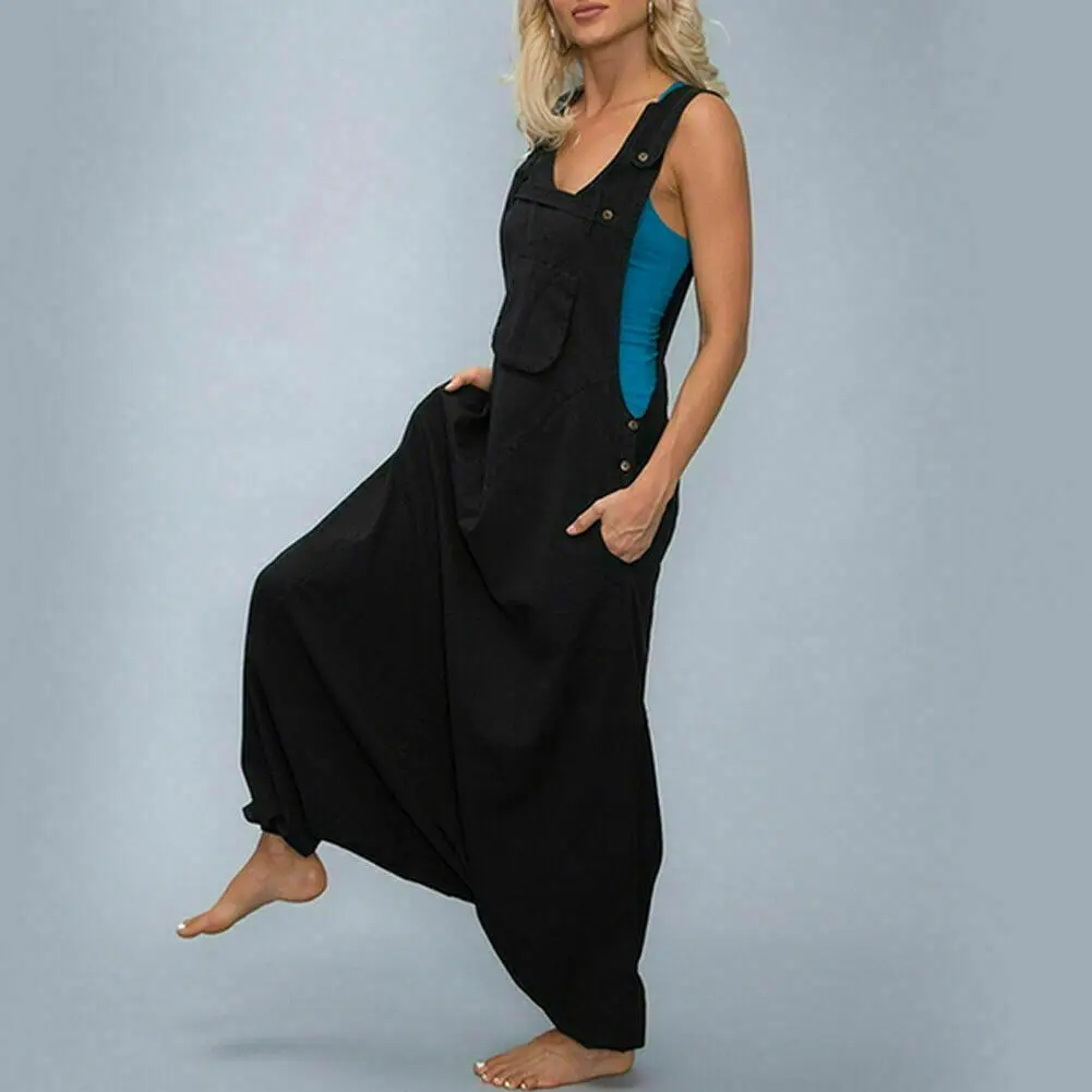 

Plus Size Women Bib Cargo Hip Hop Harem Loose Solid color Bib Baggy Jumpsuit Romper Overalls with Pockets M-5XL