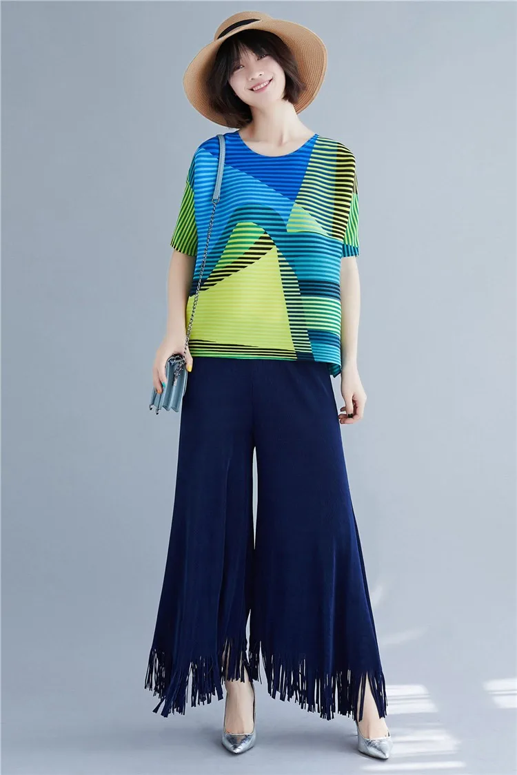 Miyake fold Новые расклешенные брюки с кисточками, с 9 точками, тонкие женские широкие брюки с высокой талией, бесплатная доставка