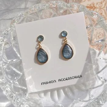 

S925 sterling silver Korean temperament sea blue water drop earrings fashion brushed crystal earrings retro girl resin earrings