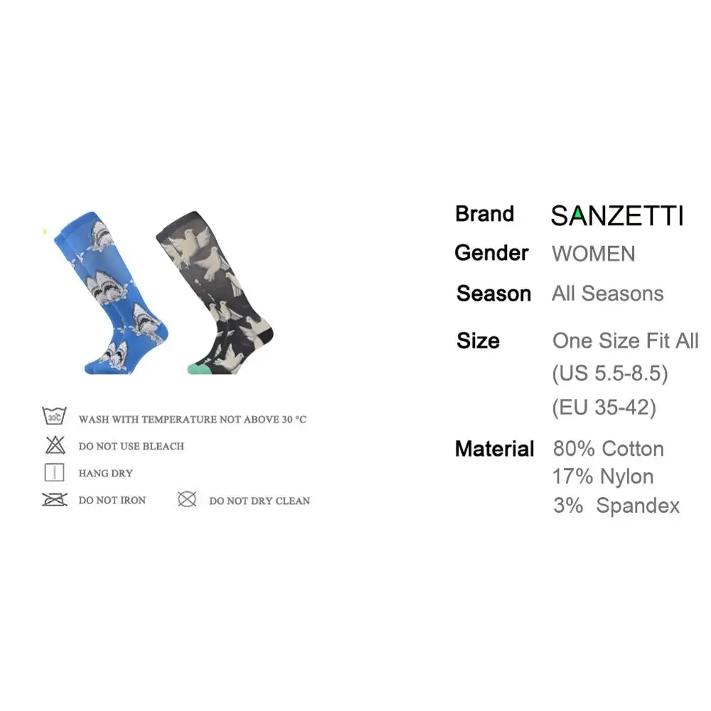 SANZETTI/2 пары в партии, женские эластичные компрессионные хлопковые носки с животным принтом, гольфы ниже колена, Длинные Веселые носки с защитой от усталости