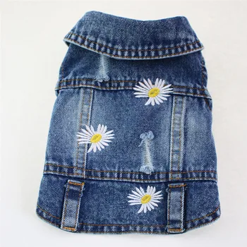

Old Jean Small Dog Clothes Puppy dog Jacket Vest cowboy Pet Coat Hole Daisy embroidered Clothing For Small Medium Dogs