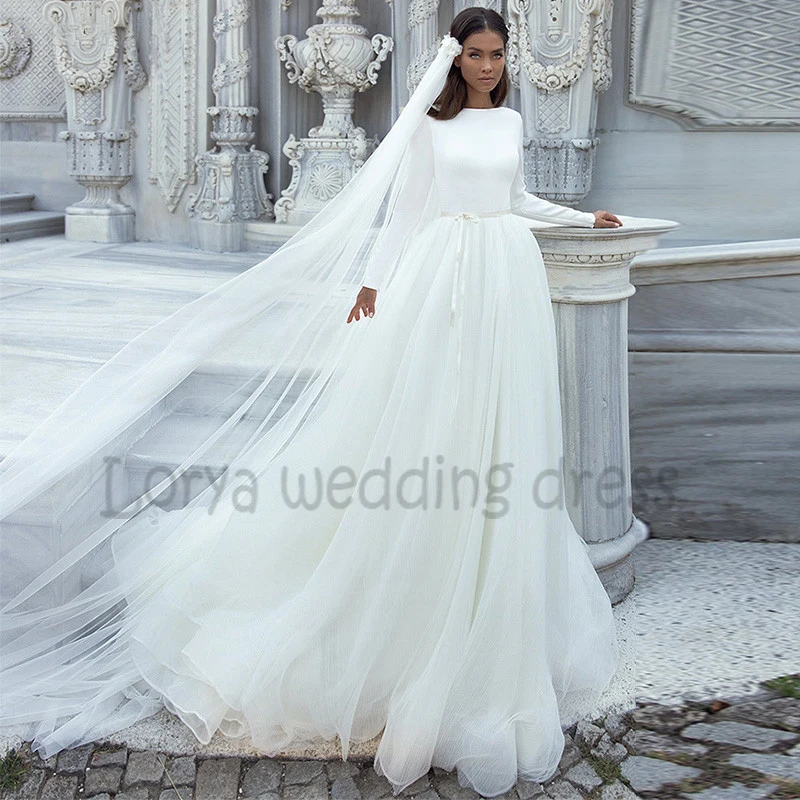 

Graceful A Line Wedding Dress Scoop Neck Long Sleeves Satin Tulle Sashes Simple Bride Gown Sweep Train Vestido De Novia
