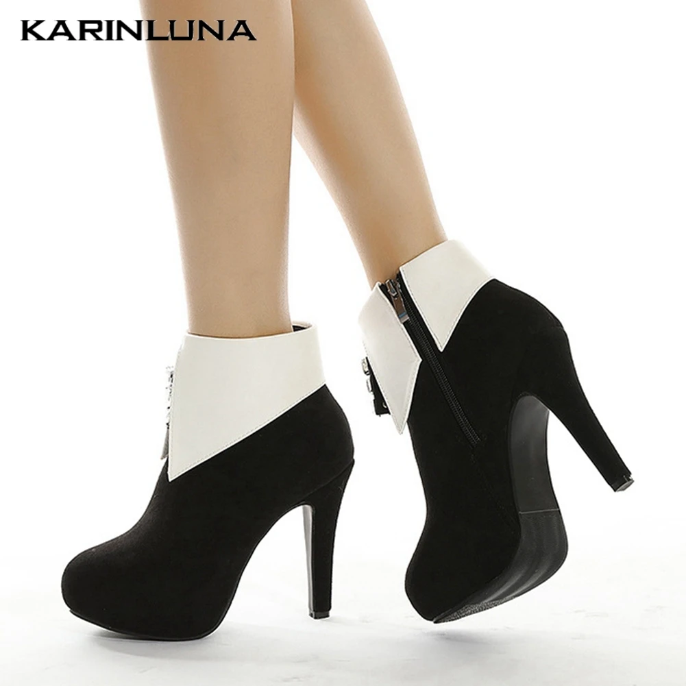 women's Fashion New Arrival Designer Shoes Spike Heels Round Toe Platform Flock Ankel Zip Boots Leisure Crystal Female Shoes