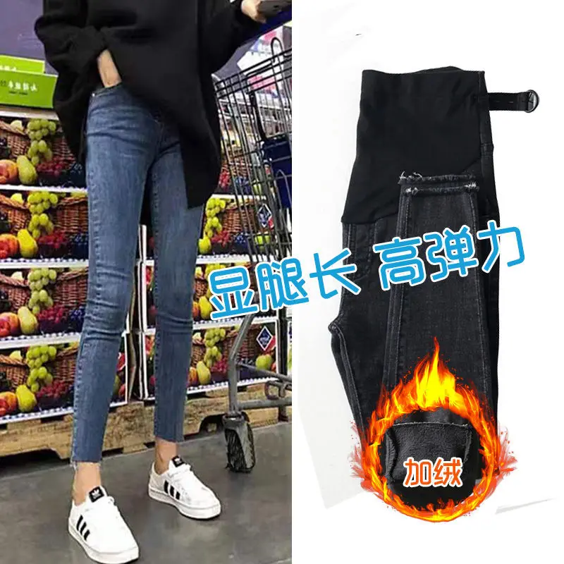 엄마 데님 전체 바지 여성 청바지 임신 연필 바지 출산 옷 플러스 크기 