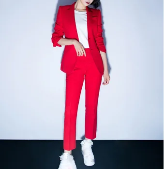 

Autumn Women Work Two Pieces Sets Red Single Breasted Blazers And Long Pants Suits Office Lady Outfits