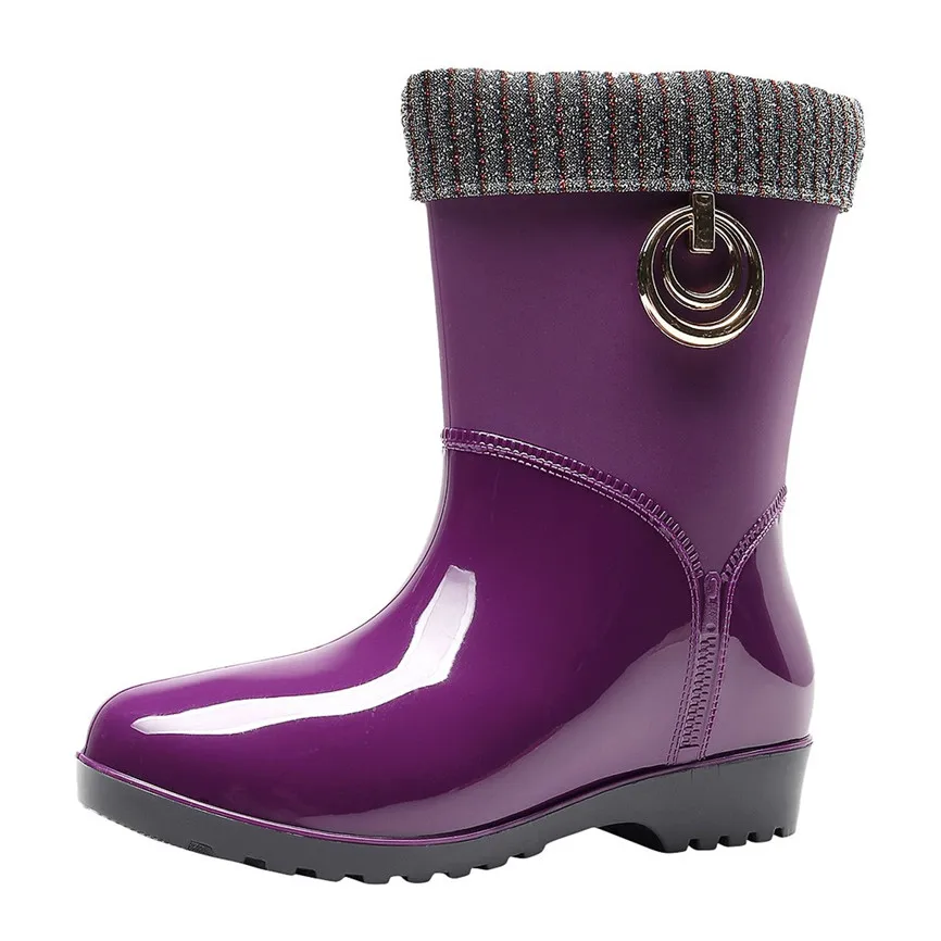 Purple Женские Нескользящие непромокаемые сапоги Водонепроницаемая уличная водонепроницаемая обувь теплые зимние сапоги до середины икры в стиле панк г. Женские ботинки высокого качества, размер 40 - Цвет: Purple