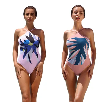 

Solid Color Girl Conservative Cover Swimsuit Flower Pattern Bikini Hanging Neck Beachwear