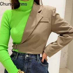 Roupas femininas outono inverno nova moda sólida curto blazer ajuste blet um ombro fora de manga longa fino topo casaco casual