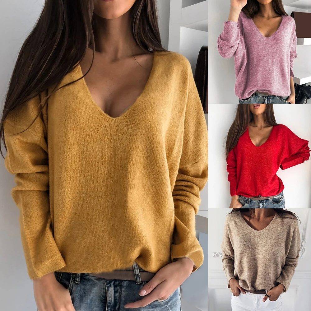 

Fall 2020 New Ladies Knitted Pullover Sweater Casual Solid Color V-neck Thin Knit Sweater Women Soft Knit Sweater