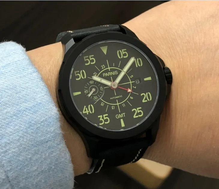 Сапфировое стекло 44 мм PARNIS GMT автоматический механический механизм светящийся черный циферблат Автоматическая Дата мужские часы P204-P8